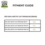 Fitment guide for the 2011-2014 Arctic Cat Prowler rear windshield, covering the 550 XT, 700 XTX, and 1000 XTZ