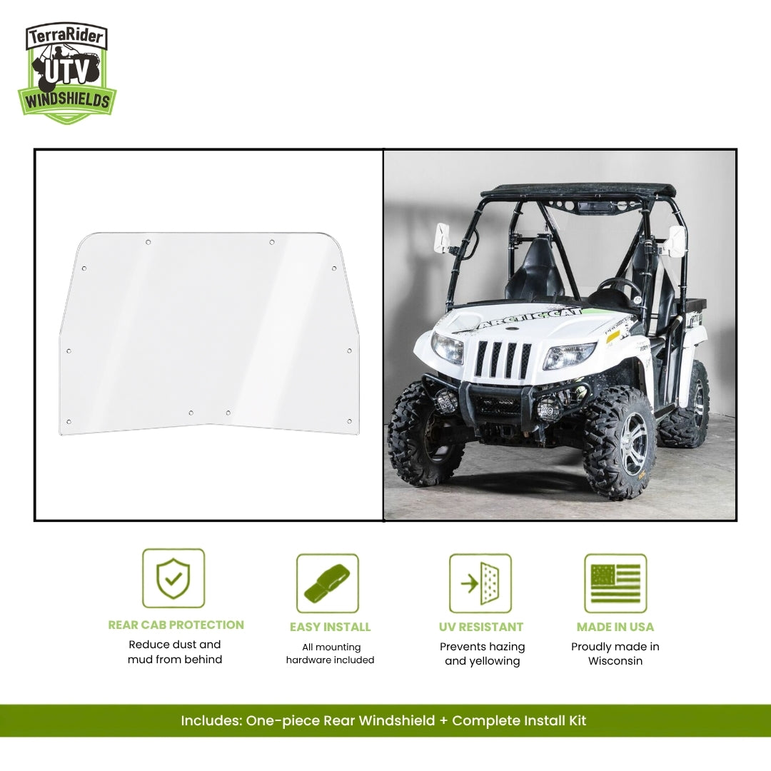 TerraRider full front windshield for the 2011-2014 Arctic Cat Prowler, shown as a panel and installed on the machine