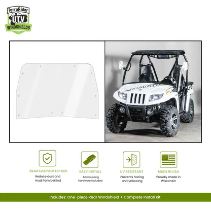 TerraRider full front windshield for the 2011-2014 Arctic Cat Prowler, shown as a panel and installed on the machine