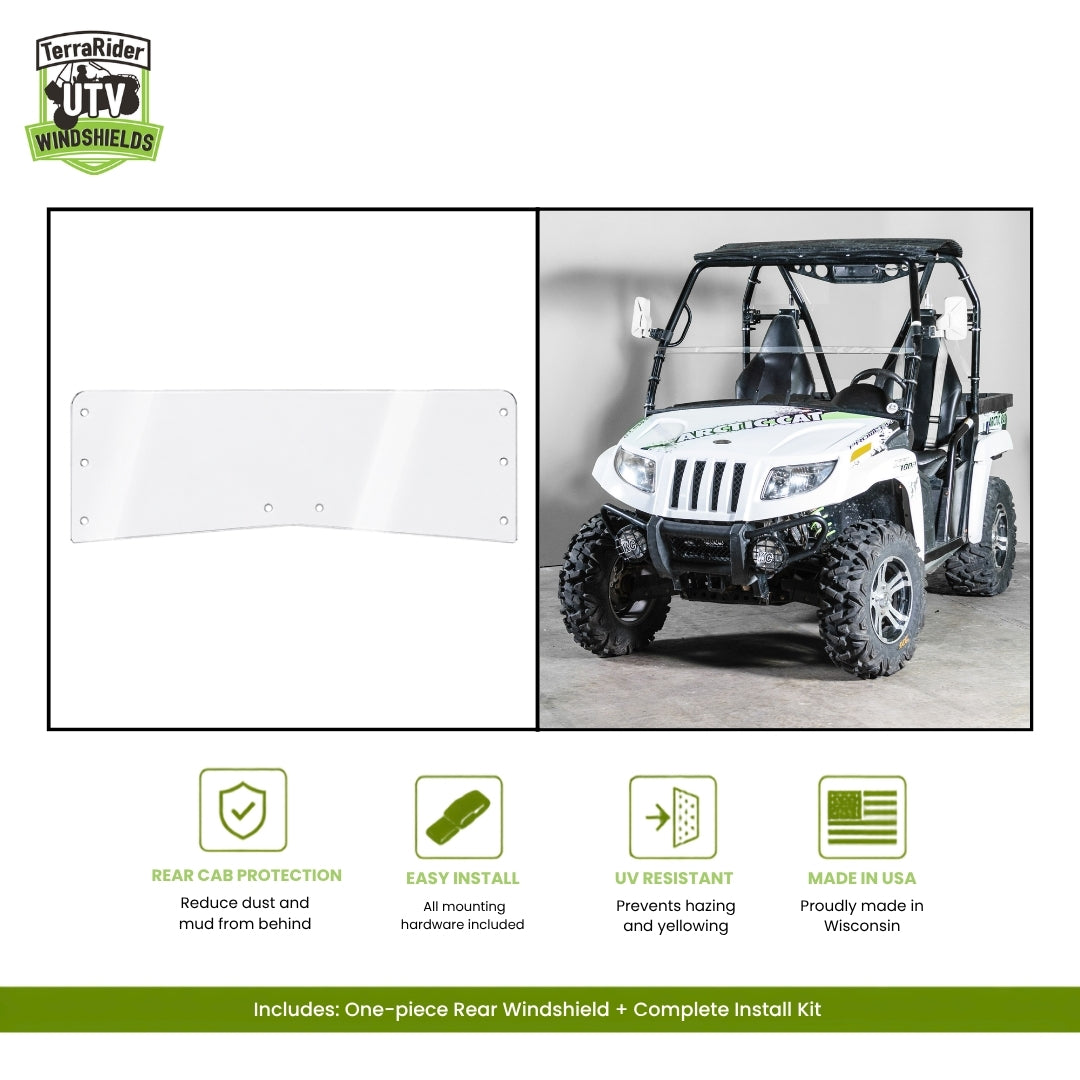 TerraRider half front windshield for the 2011-2014 Arctic Cat Prowler, shown as a panel and installed on the machine