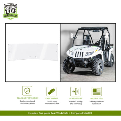 TerraRider half front windshield for the 2011-2014 Arctic Cat Prowler, shown as a panel and installed on the machine
