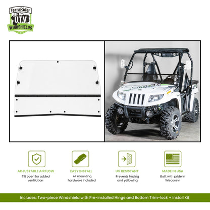 Arctic Cat Prowler two-piece tilting windshield with pre-installed hinge, shown installed on a white Prowler. gallery-1