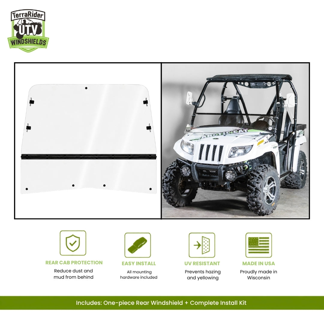 TerraRider tilting windshield for the 2011-2014 Arctic Cat Prowler, shown as a panel and installed on the machine