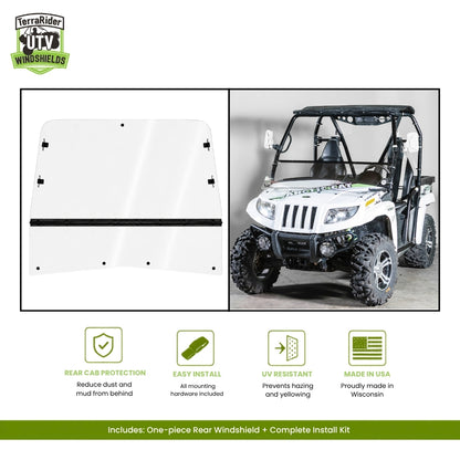 TerraRider tilting windshield for the 2011-2014 Arctic Cat Prowler, shown as a panel and installed on the machine