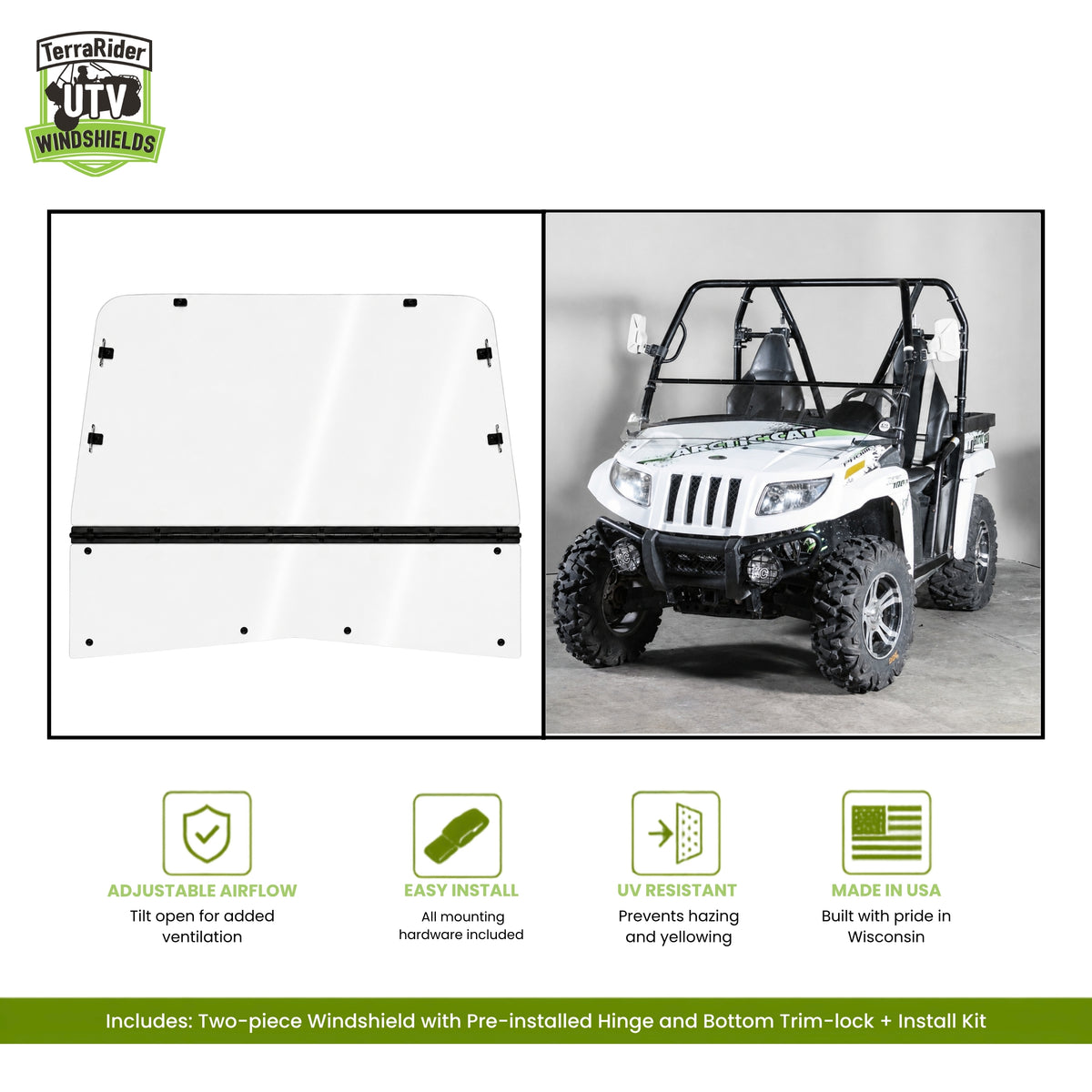 Arctic Cat Prowler two-piece tilting windshield with pre-installed hinge, shown installed on a white Prowler. gallery-2