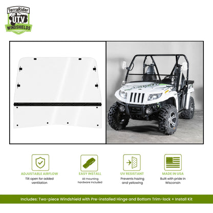 Arctic Cat Prowler two-piece tilting windshield with pre-installed hinge, shown installed on a white Prowler. gallery-2