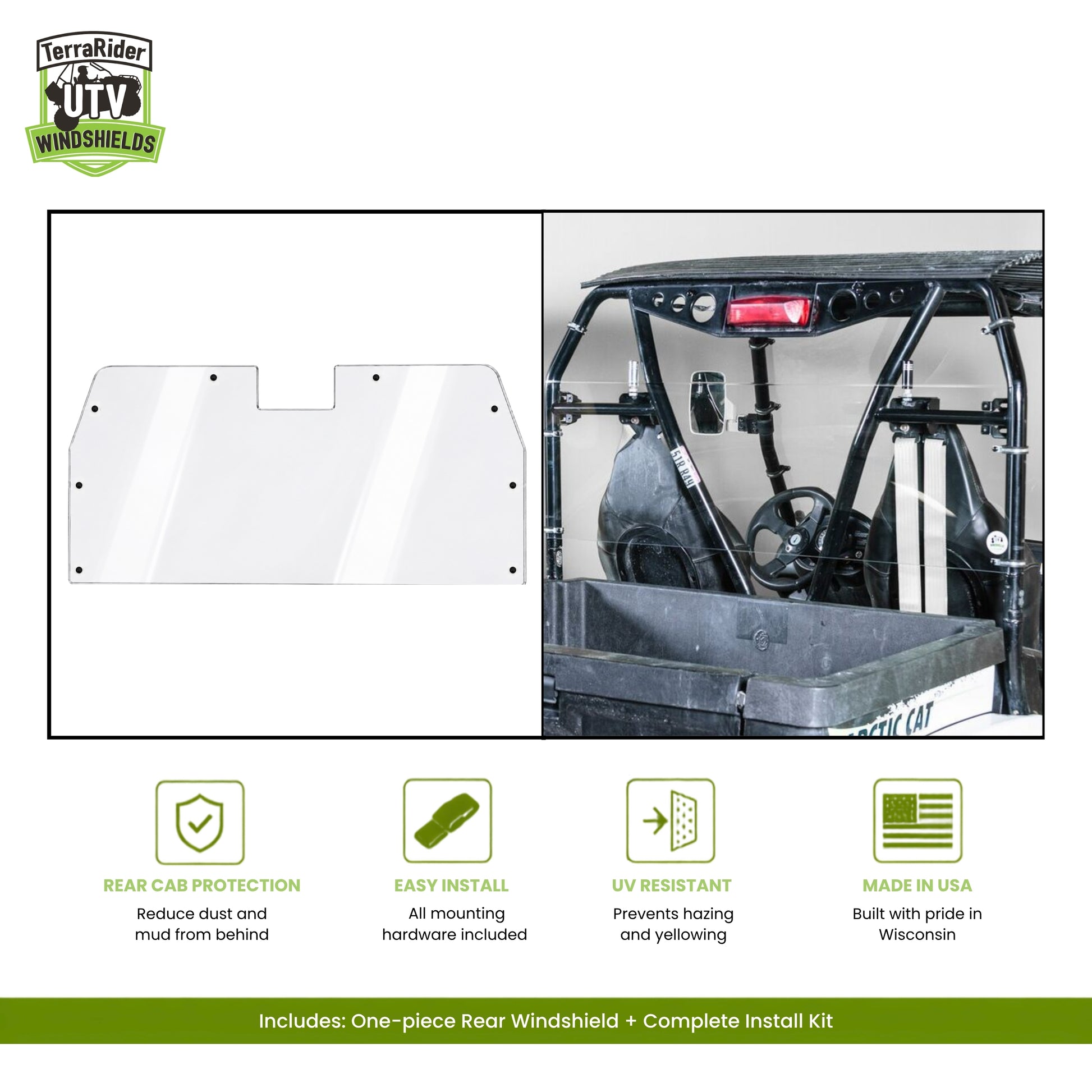 One-piece rear windshield shield shown on the left and then installed inside a black Arctic Cat Prowler on right, with features noted for rear cab protection, easy install, UV resistance, and made in Wisconsin.