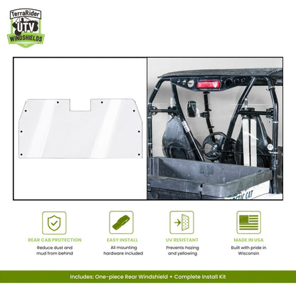 One-piece rear windshield shield shown on the left and then installed inside a black Arctic Cat Prowler on right, with features noted for rear cab protection, easy install, UV resistance, and made in Wisconsin.