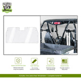 TerraRider rear UTV windshield for the 2011-2014 Arctic Cat Prowler, shown as a panel and installed on the machine