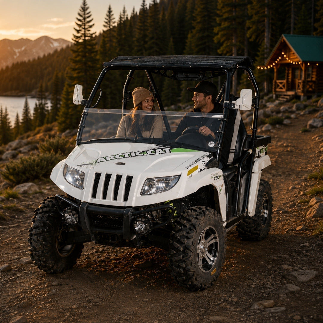 White 2011-2014 Arctic Cat Prowler with a TerraRider half front windshield on a mountain trail