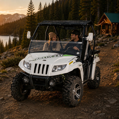 White 2011-2014 Arctic Cat Prowler with a TerraRider half front windshield on a mountain trail