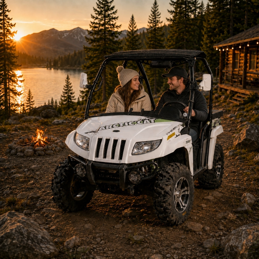 Two riders in a white 2011-2014 Arctic Cat Prowler with a TerraRider full front windshield, parked by a mountain lake at sunset