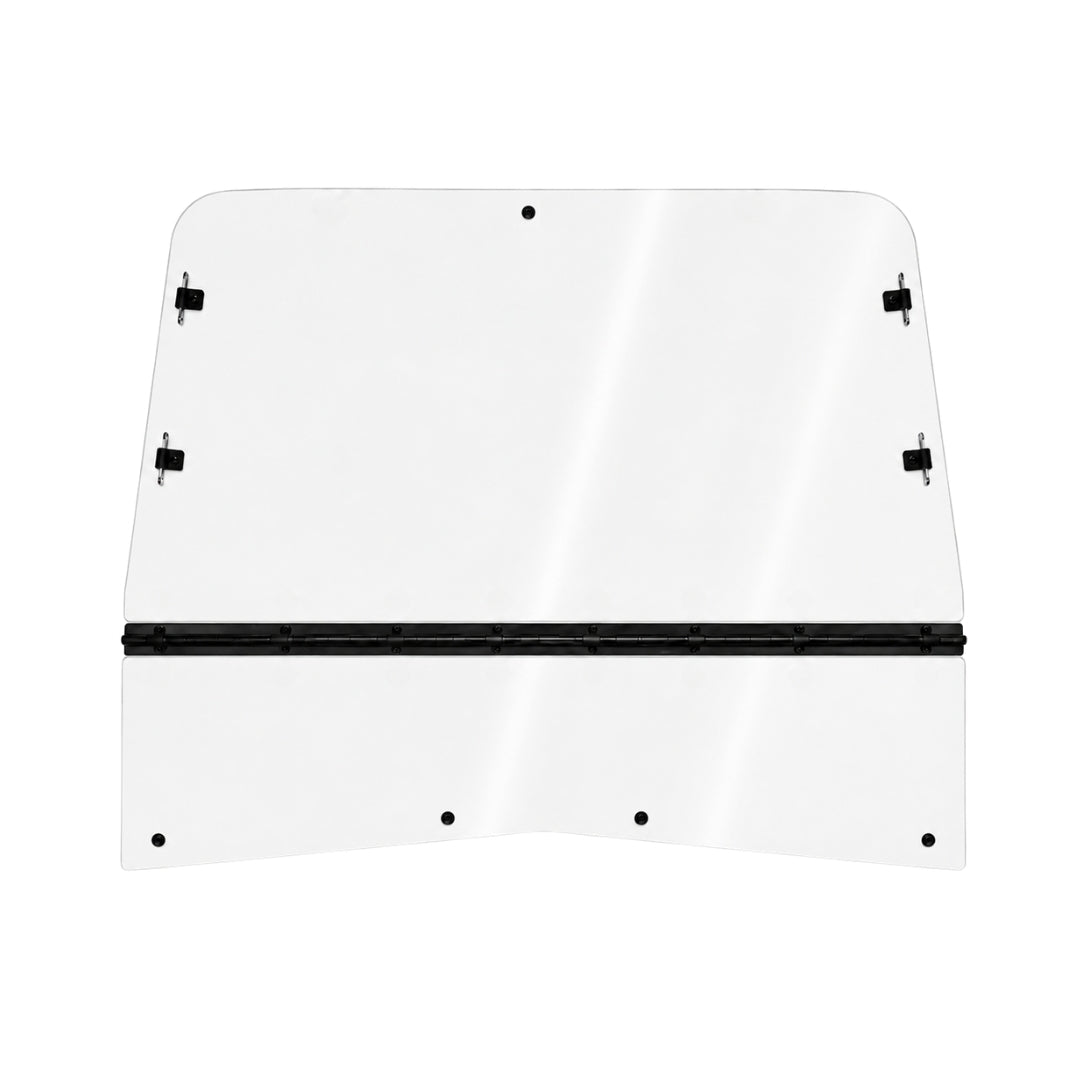 TerraRider tilting UTV windshield panel for the 2011-2014 Arctic Cat Prowler, showing the hinge bar and mounting hardware