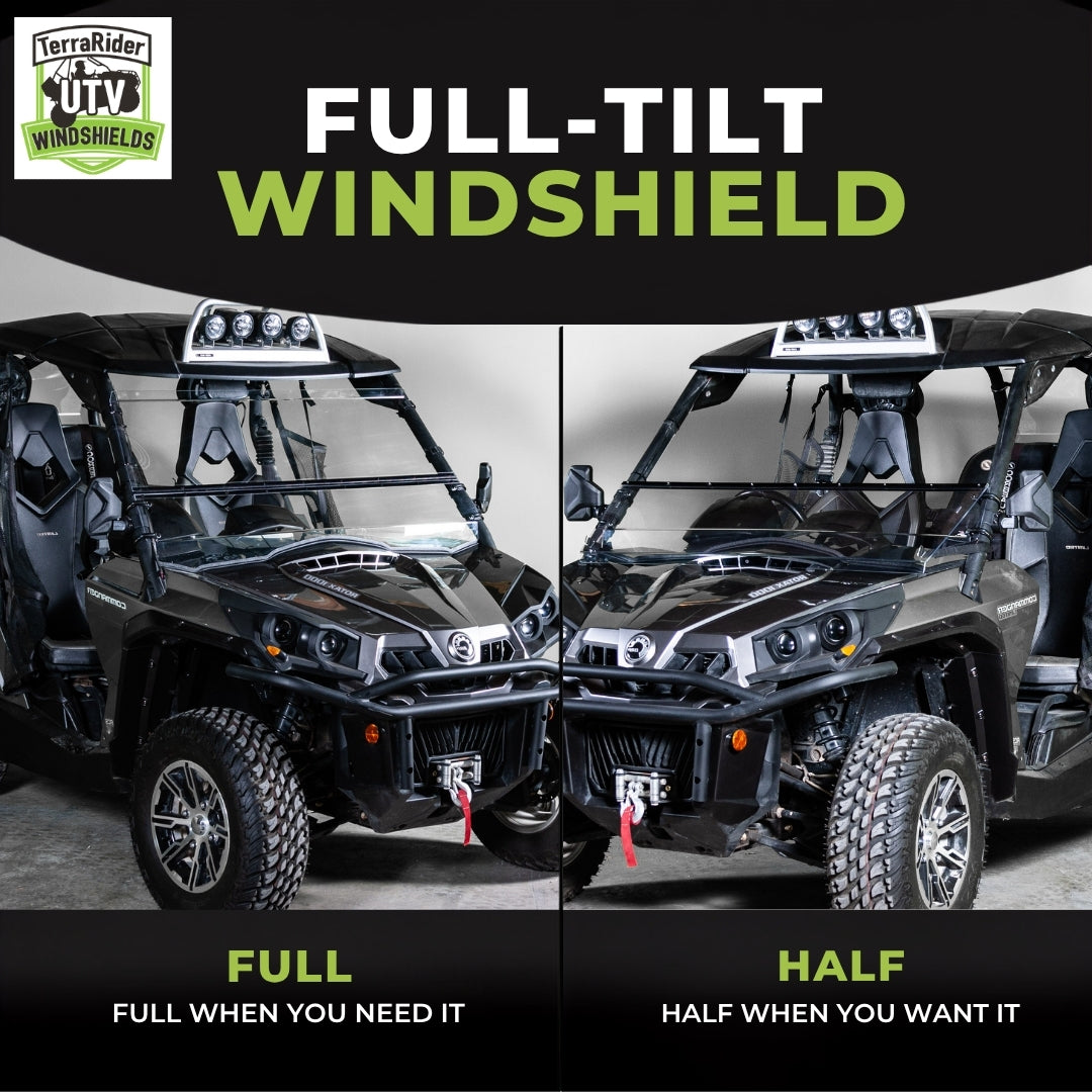 Full-tilt windshield shown in full upright position and half tilted position on a Can-Am Commander