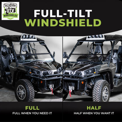 Full-tilt windshield shown in full upright position and half tilted position on a Can-Am Commander