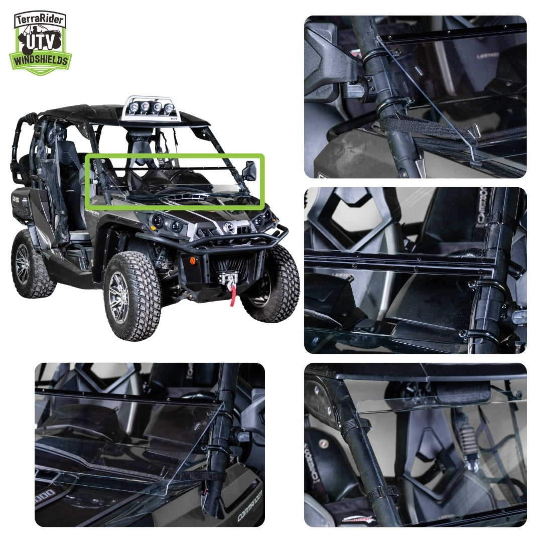 Close-up views of the Commander tilting windshield hinge and clamps on the side-by-side roll cage. gallery-1