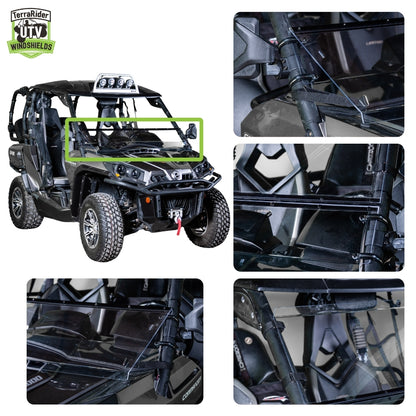 Close-up views of the Commander tilting windshield hinge and clamps on the side-by-side roll cage. gallery-1
