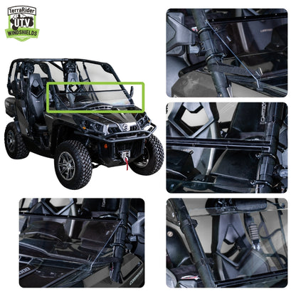 Close-up views of the Commander tilting windshield hinge and clamps on the side-by-side roll cage. gallery-2