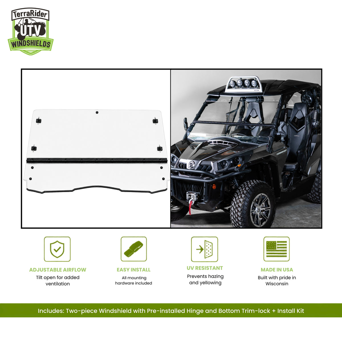 Can-Am Commander two-piece tilting windshield with pre-installed hinge, shown installed on a Commander. gallery-1
