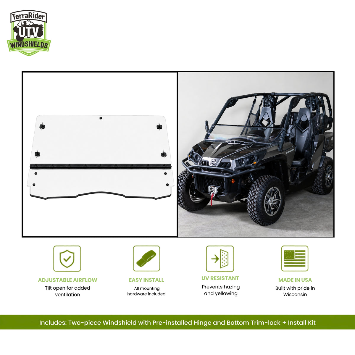 Can-Am Commander two-piece tilting windshield with pre-installed hinge, shown installed on a Commander. gallery-2