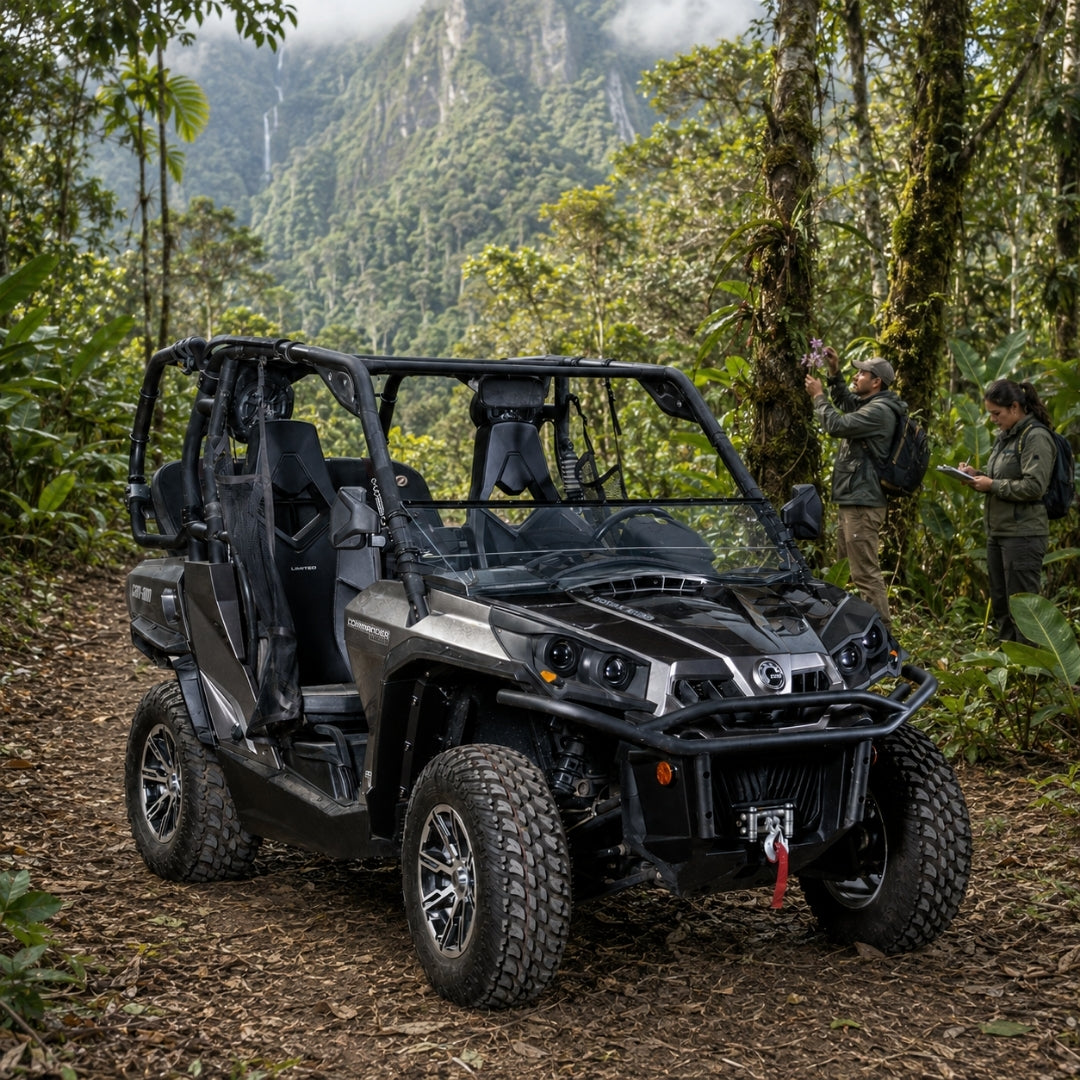 Camo Can-Am Commander with tilting windshield in the open position on a forest trail with two people off to side. gallery-2