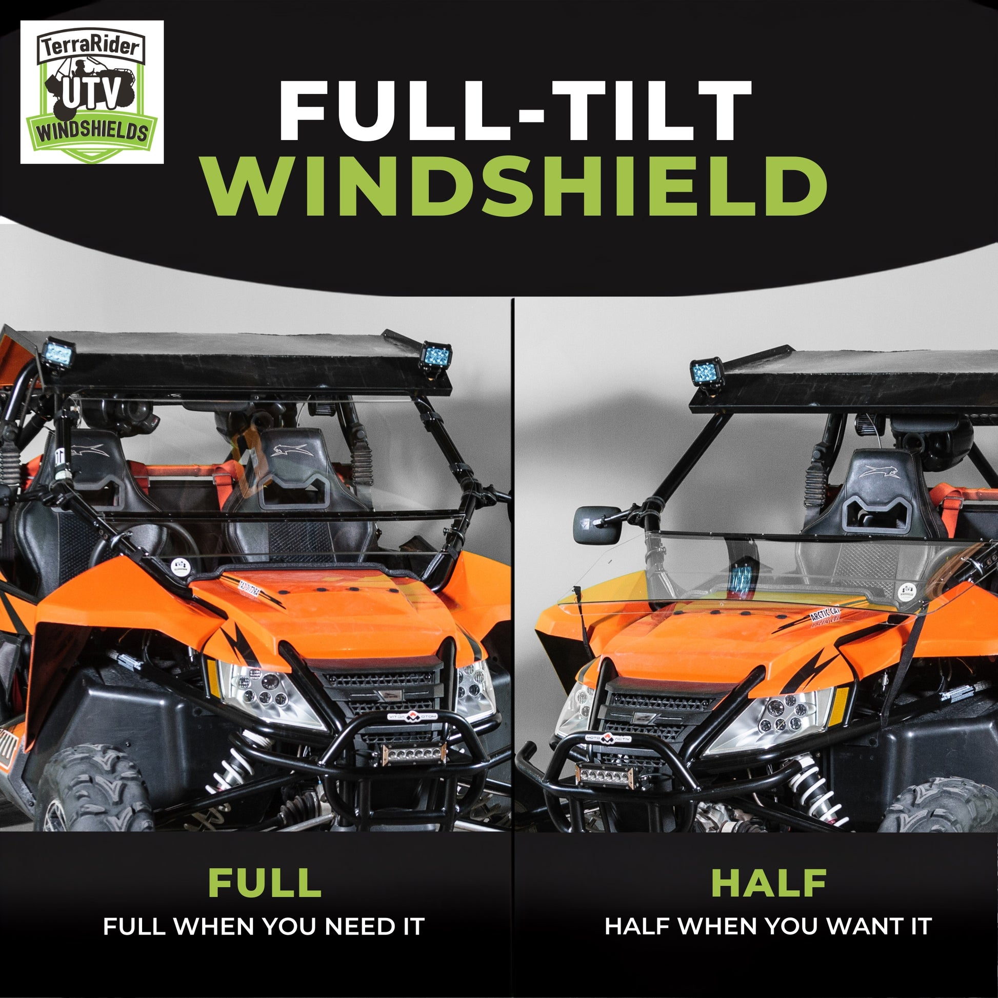 TerraRider tilting UTV windshield for the 2012-2018 Arctic Cat Wildcat and Wildcat X, shown in full and half windshield positions