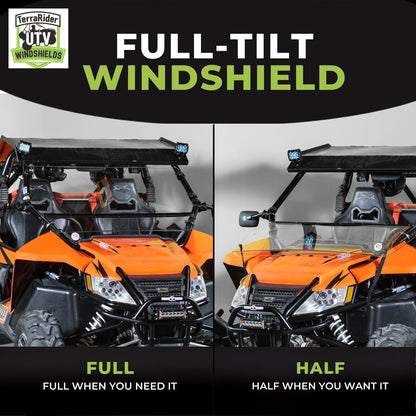 TerraRider tilting UTV windshield for the 2012-2018 Arctic Cat Wildcat and Wildcat X, shown in full and half windshield positions