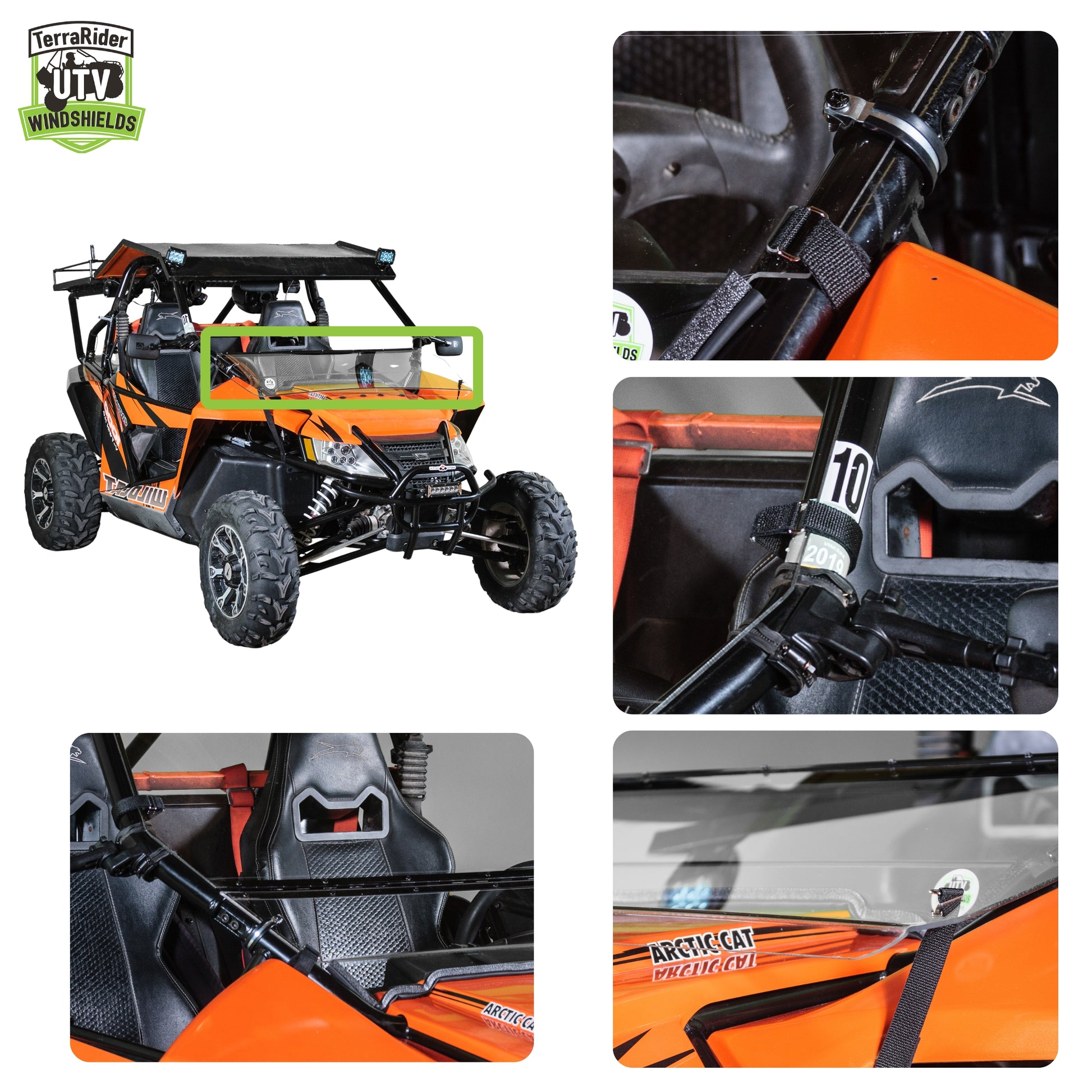 2012-2018 Arctic Cat Wildcat and Wildcat X tilting windshield for a hard top, shown with close-up views of the clamp, strap, and center-support mounting points
