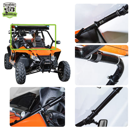 Close-up views of the Wildcat full windshield clamps and installed fit on the side-by-side roll cage
