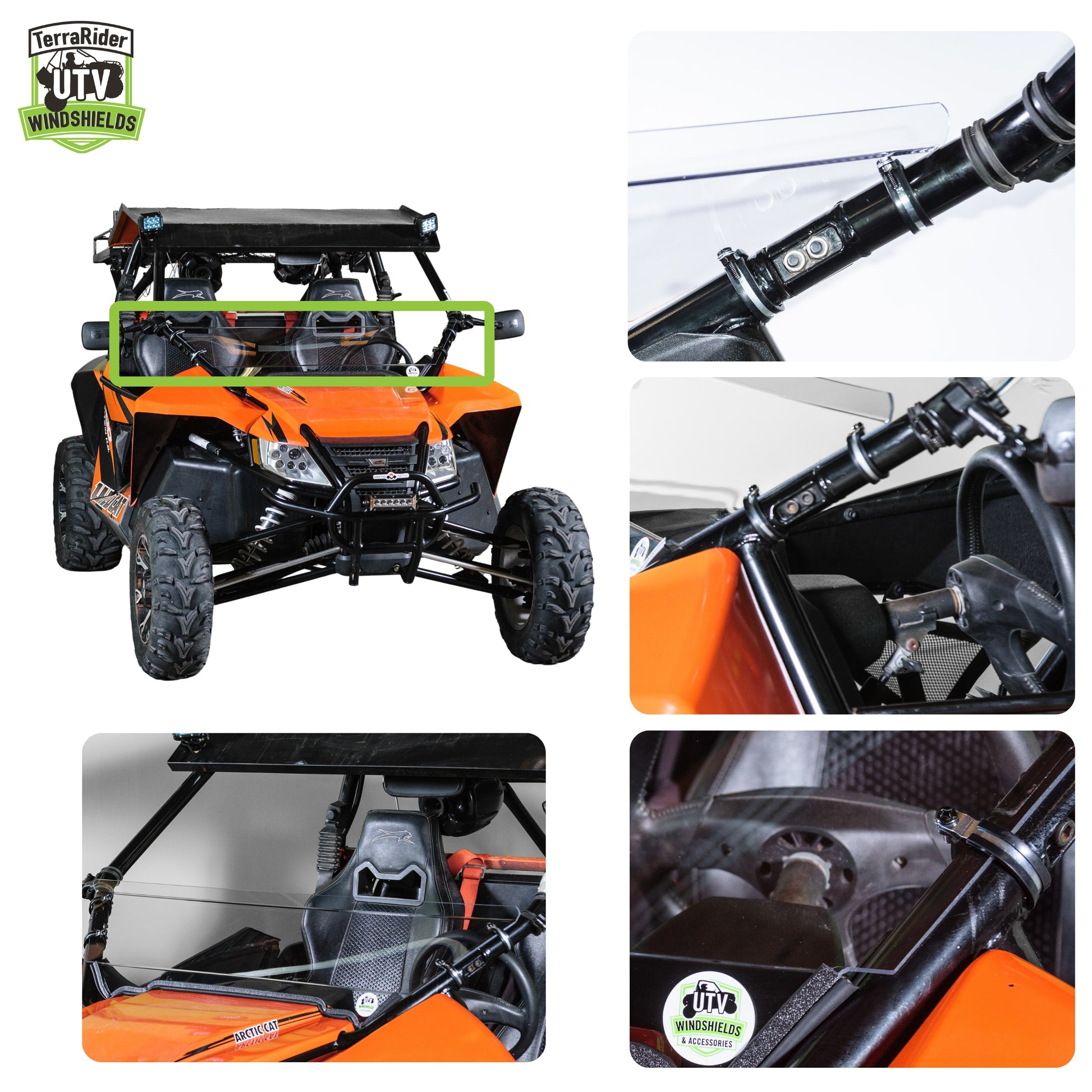 Half front windshield installed on a 2012-2018 Arctic Cat Wildcat and Wildcat X, shown with close-up views of the rubber-sleeved clamp mounting points