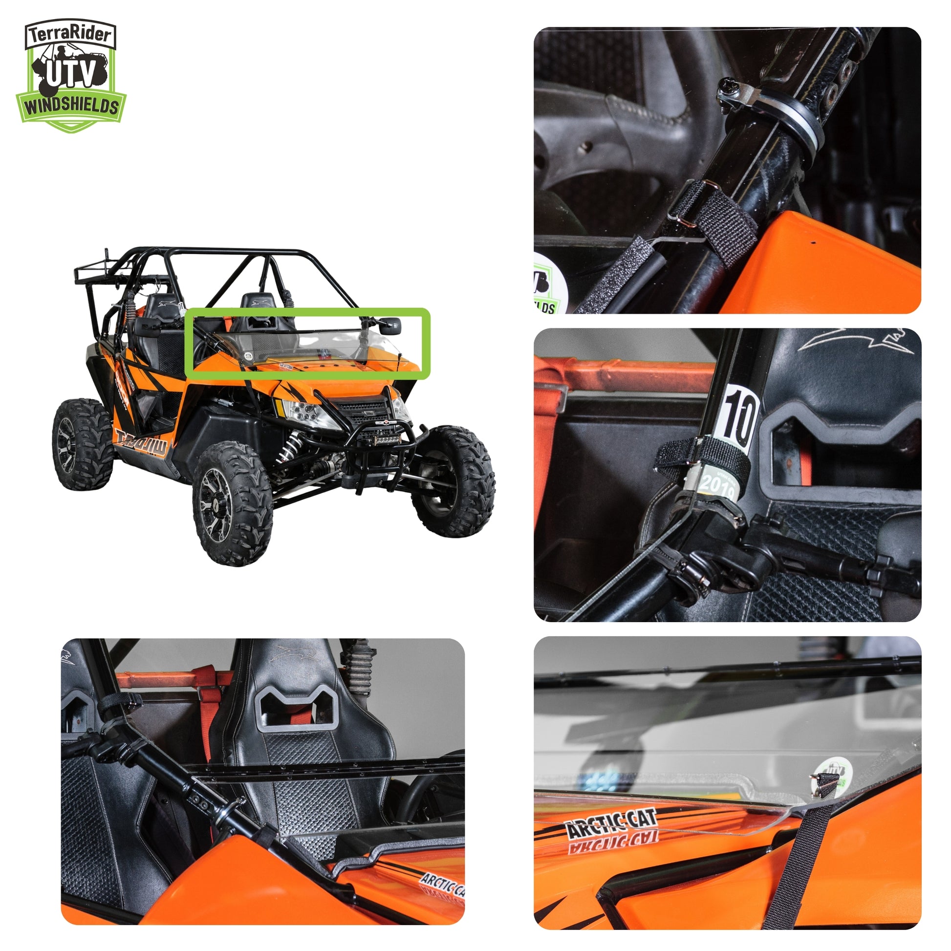 Close-up views of the Wildcat tilting windshield hinge and clamps on the side-by-side roll cage
