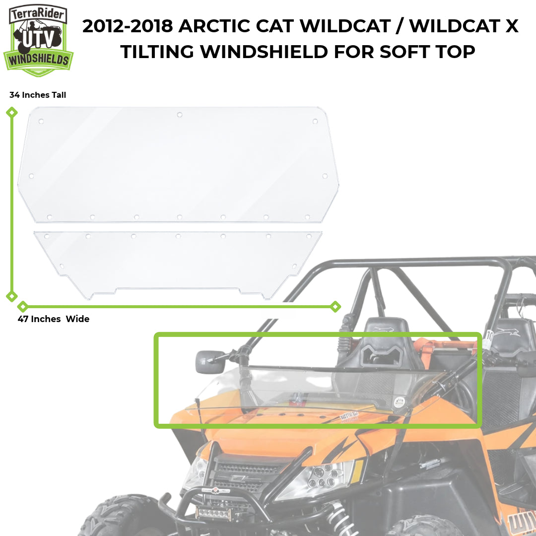 Dimension drawing for the 2012-2018 Arctic Cat Wildcat and Wildcat X tilting windshield for a soft top or no top, 34 inches tall by 47 inches wide, shown against the machine