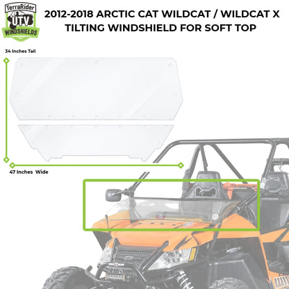 Dimension drawing for the 2012-2018 Arctic Cat Wildcat and Wildcat X tilting windshield for a soft top or no top, 34 inches tall by 47 inches wide, shown against the machine