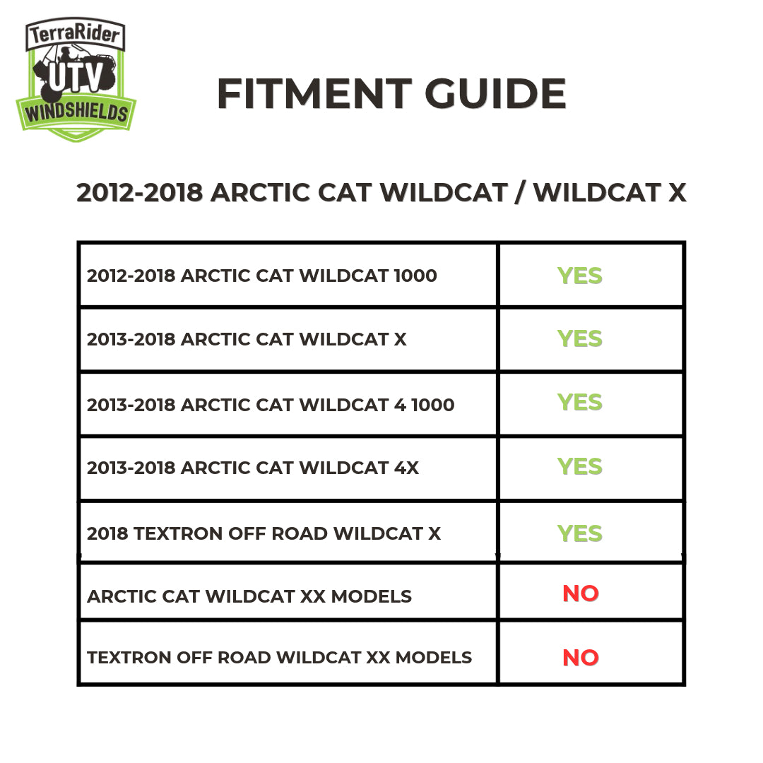 Fitment guide for the 2012-2018 Arctic Cat Wildcat and Wildcat X half windshield, covering the Wildcat 1000, Wildcat X, Wildcat 4 1000, Wildcat 4X, and 2018 Textron Off Road Wildcat X