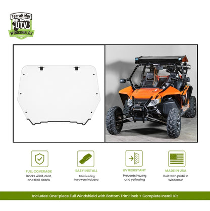 Arctic Cat Wildcat one-piece full windshield with bottom trim-lock, shown installed on an orange Wildcat