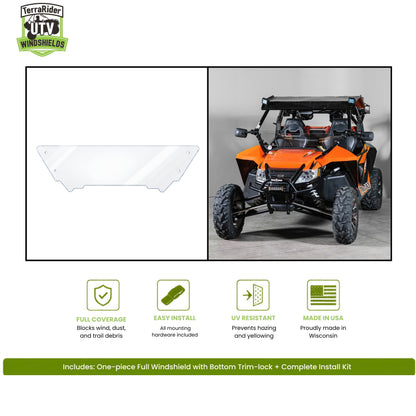 TerraRider half front windshield for the 2012-2018 Arctic Cat Wildcat and Wildcat X, shown as a panel and installed on the machine