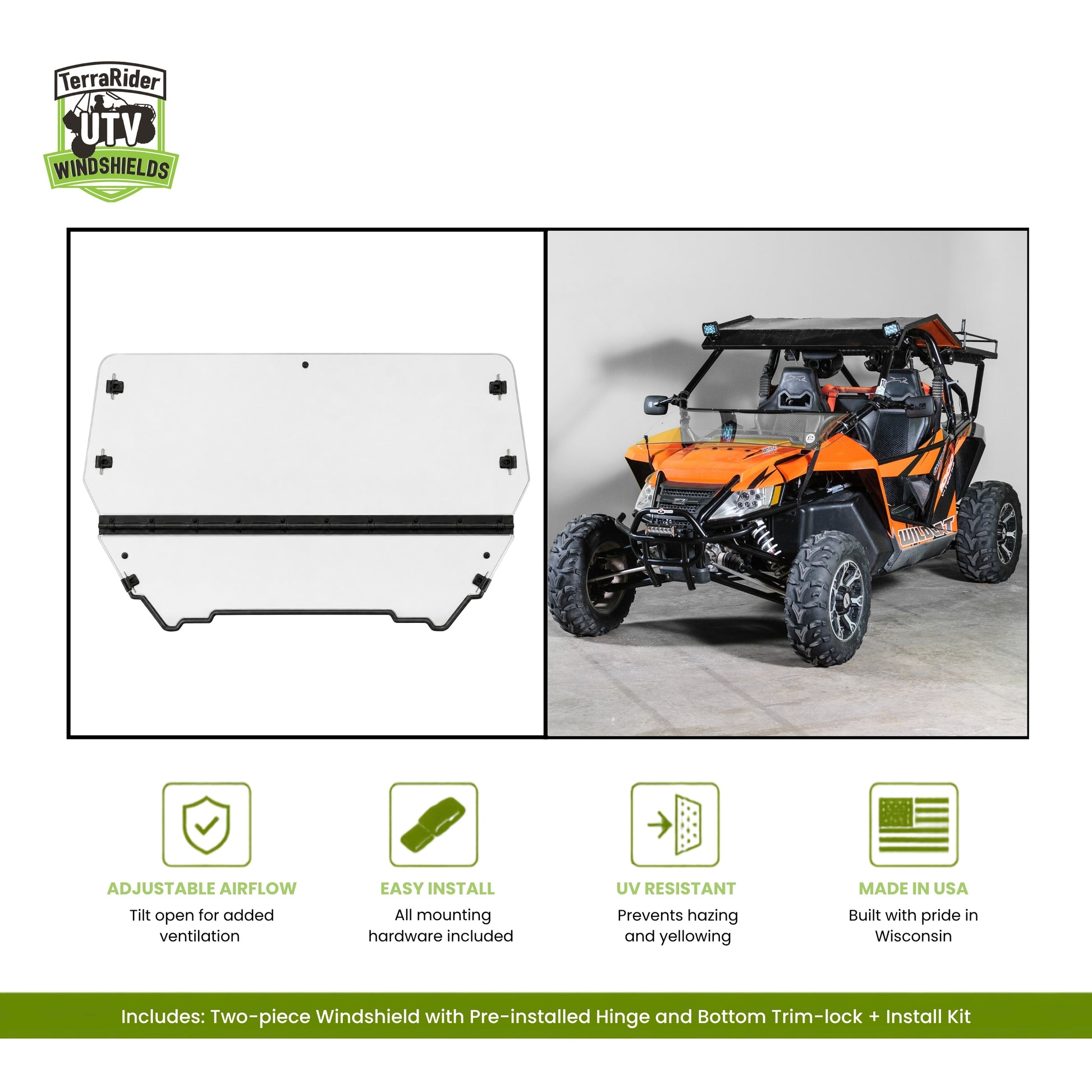 Arctic Cat Wildcat two-piece tilting windshield with pre-installed hinge, shown installed on an orange Wildcat