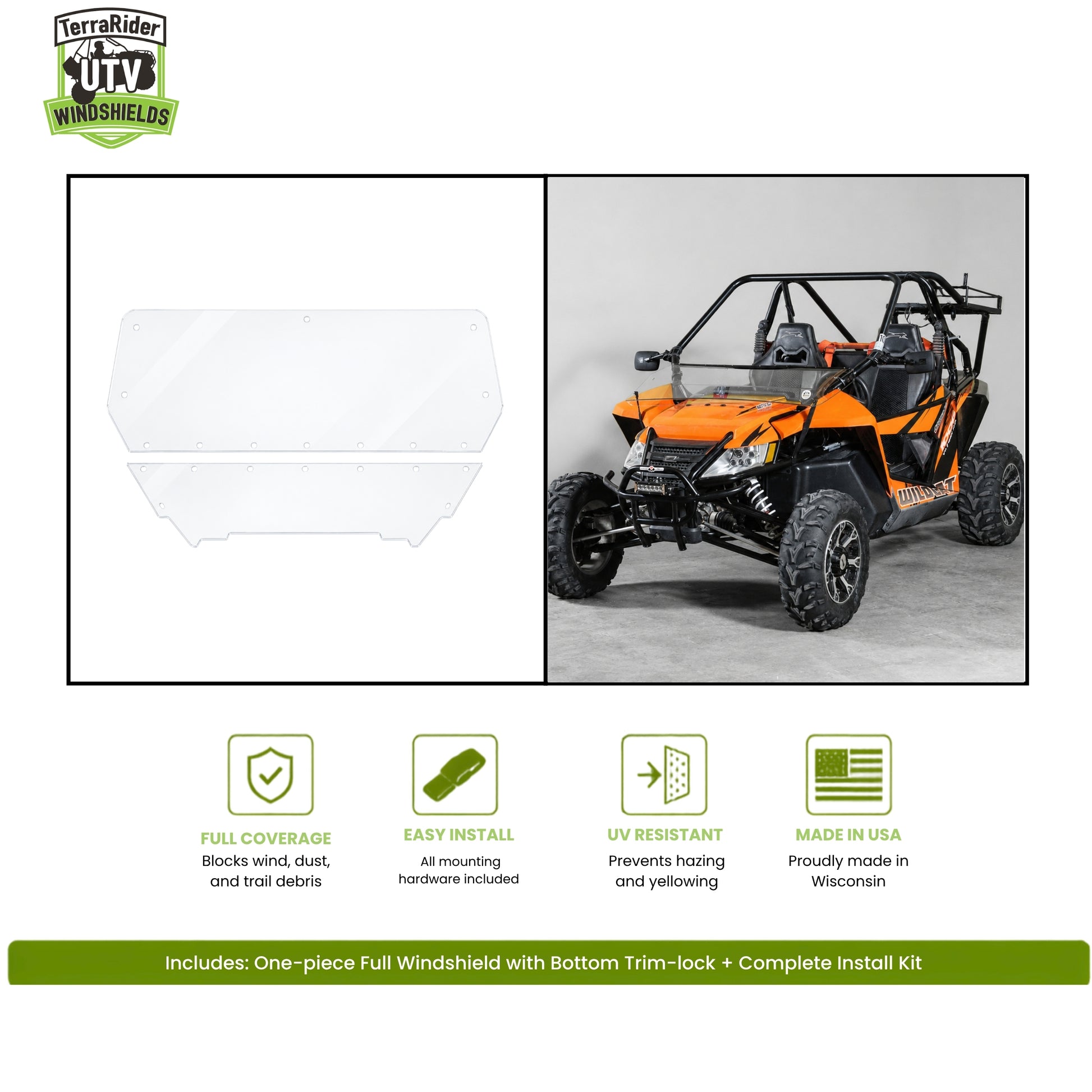 TerraRider tilting windshield for the 2012-2018 Arctic Cat Wildcat and Wildcat X with a soft top or no top, shown as a panel and installed on the machine