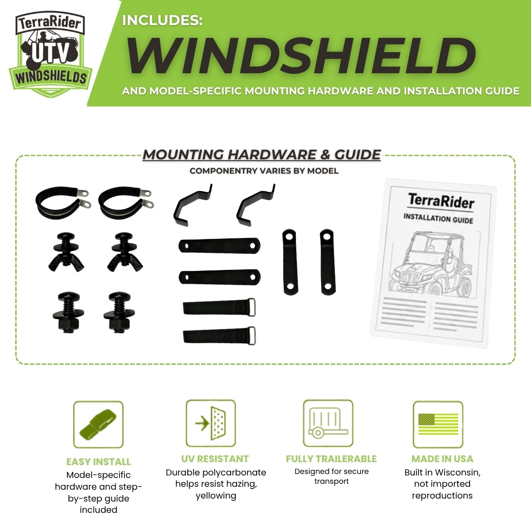 TerraRider UTV windshield mounting hardware and installation guide for the 2012-2018 Arctic Cat Wildcat and Wildcat X. Components vary by model.