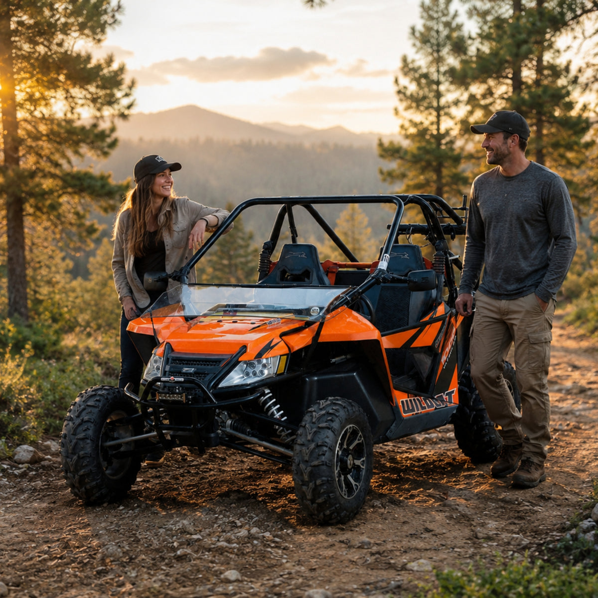 Two people beside an orange Arctic Cat Wildcat with tilting windshield on a mountain overlook at sunset