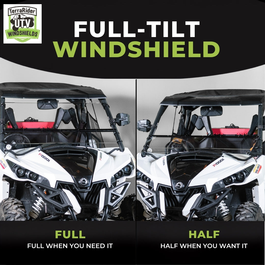 Full-tilt windshield shown in full upright position and half tilted position on a white Can-Am Maverick