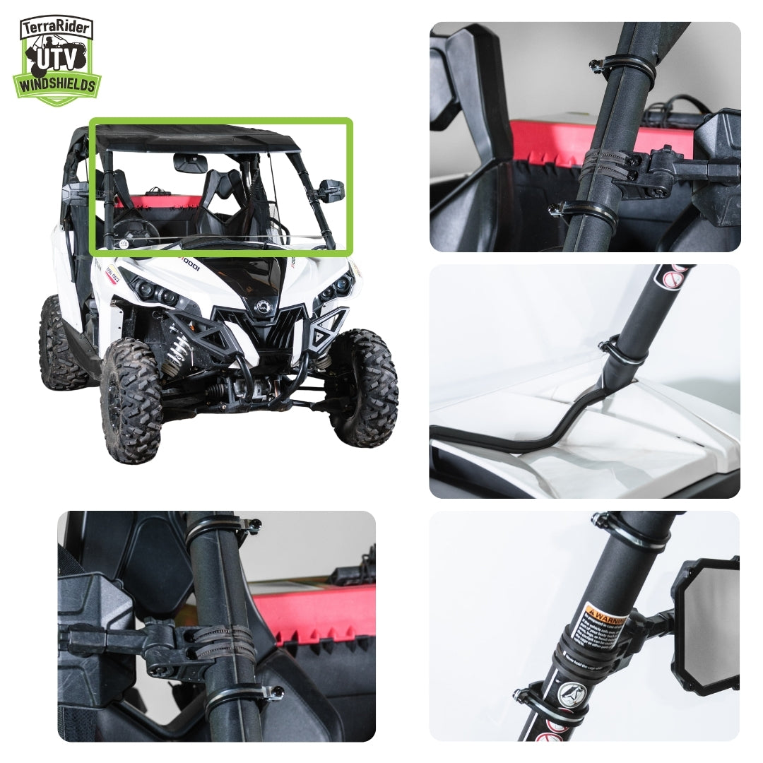 Close-up views of the Maverick full windshield clamps and installed fit on the side-by-side roll cage
