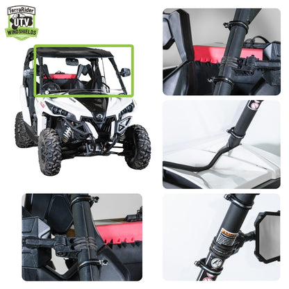 Close-up views of the Maverick full windshield clamps and installed fit on the side-by-side roll cage
