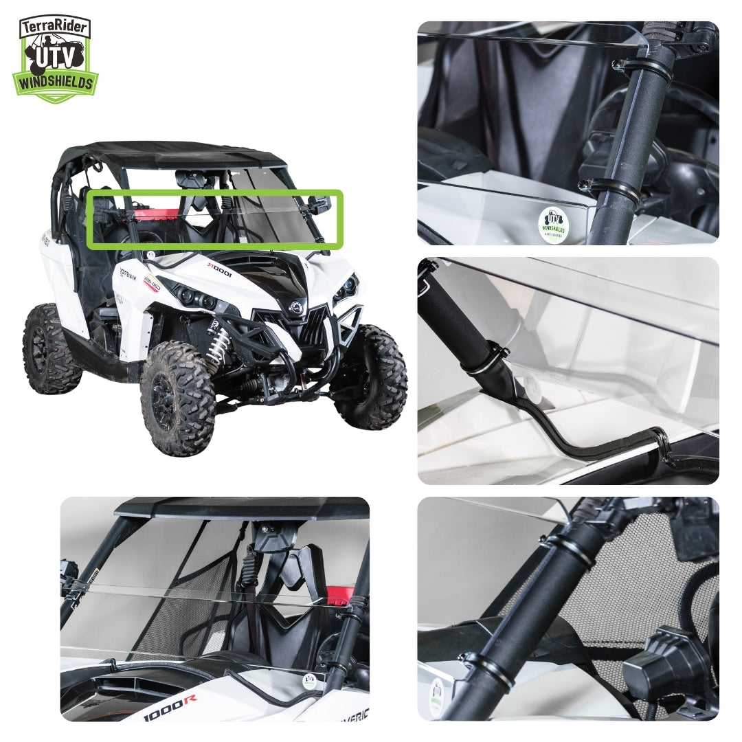 Close-up views of the Maverick half windshield clamps and installed fit on the side-by-side roll cage