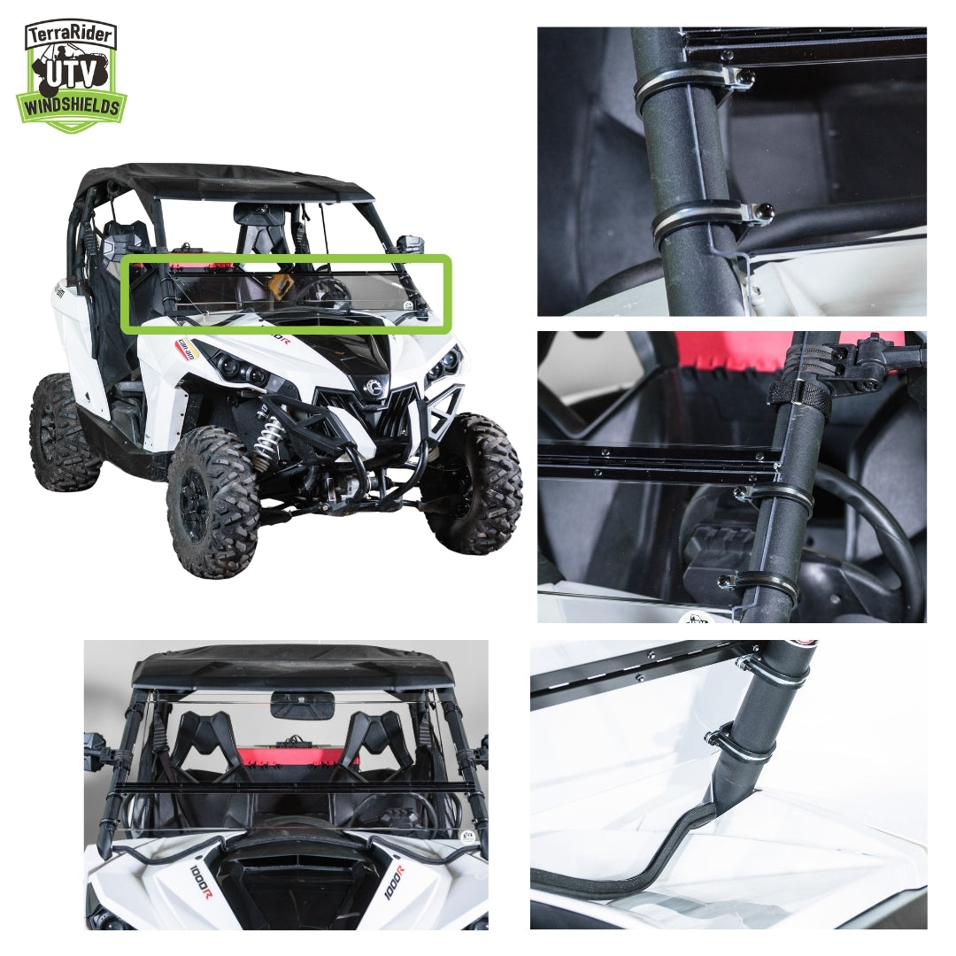 Close-up views of the Maverick tilting windshield hinge and clamps and installed fit on the side-by-side roll cage