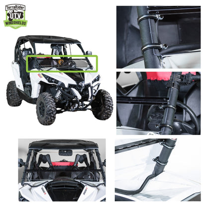 Close-up views of the Maverick tilting windshield hinge and clamps and installed fit on the side-by-side roll cage