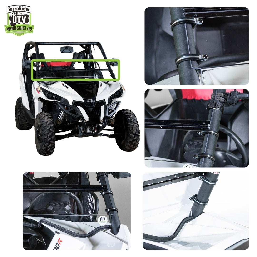 Close-up views of the Maverick tilting windshield hinge and clamps and installed fit on the side-by-side roll cage. gallery-2