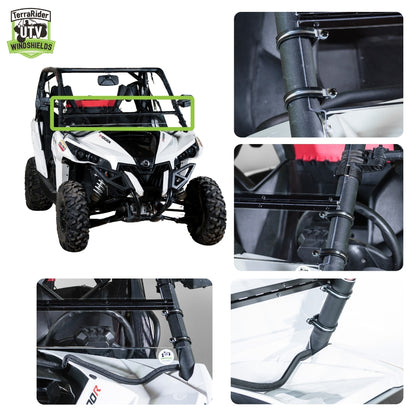 Close-up views of the Maverick tilting windshield hinge and clamps and installed fit on the side-by-side roll cage. gallery-2