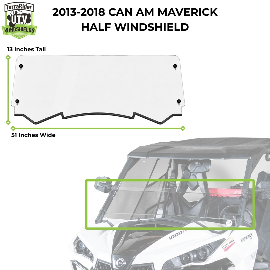2013-2018 Can-Am Maverick half windshield dimensions, 13 inches tall by 51 inches wide