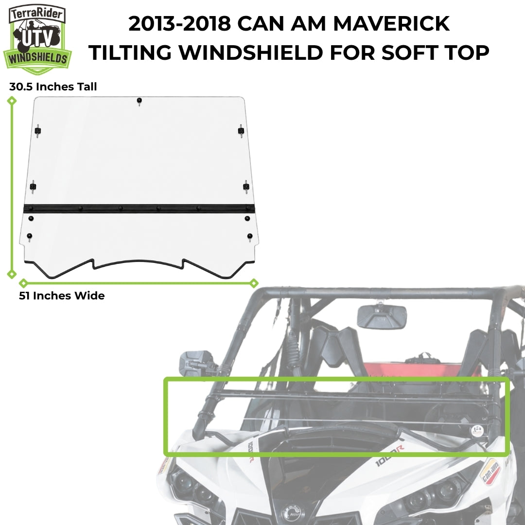 2013-2018 Can-Am Maverick tilting windshield dimensions for soft top, 30.5 inches tall by 51 inches wide